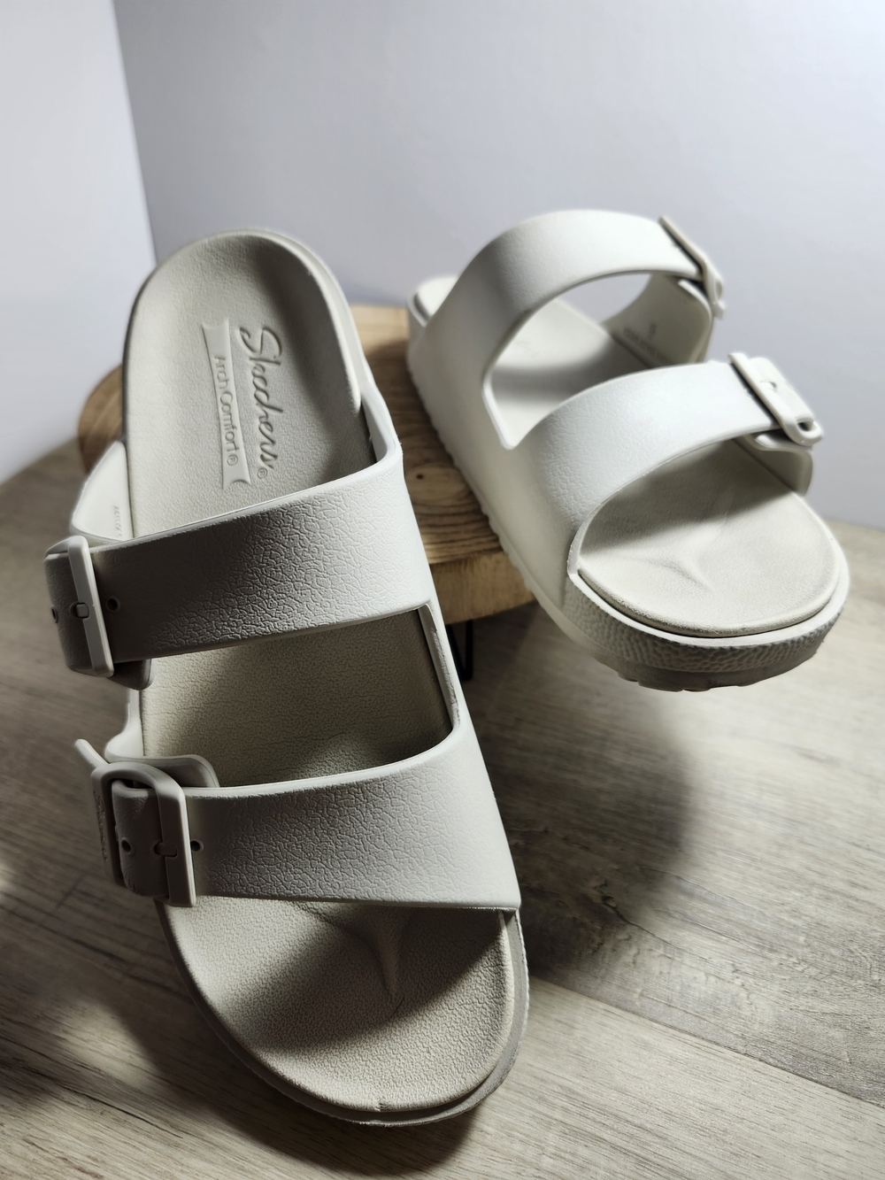 Skechers Women’s Cream Double-Buckle Slide Sandals
